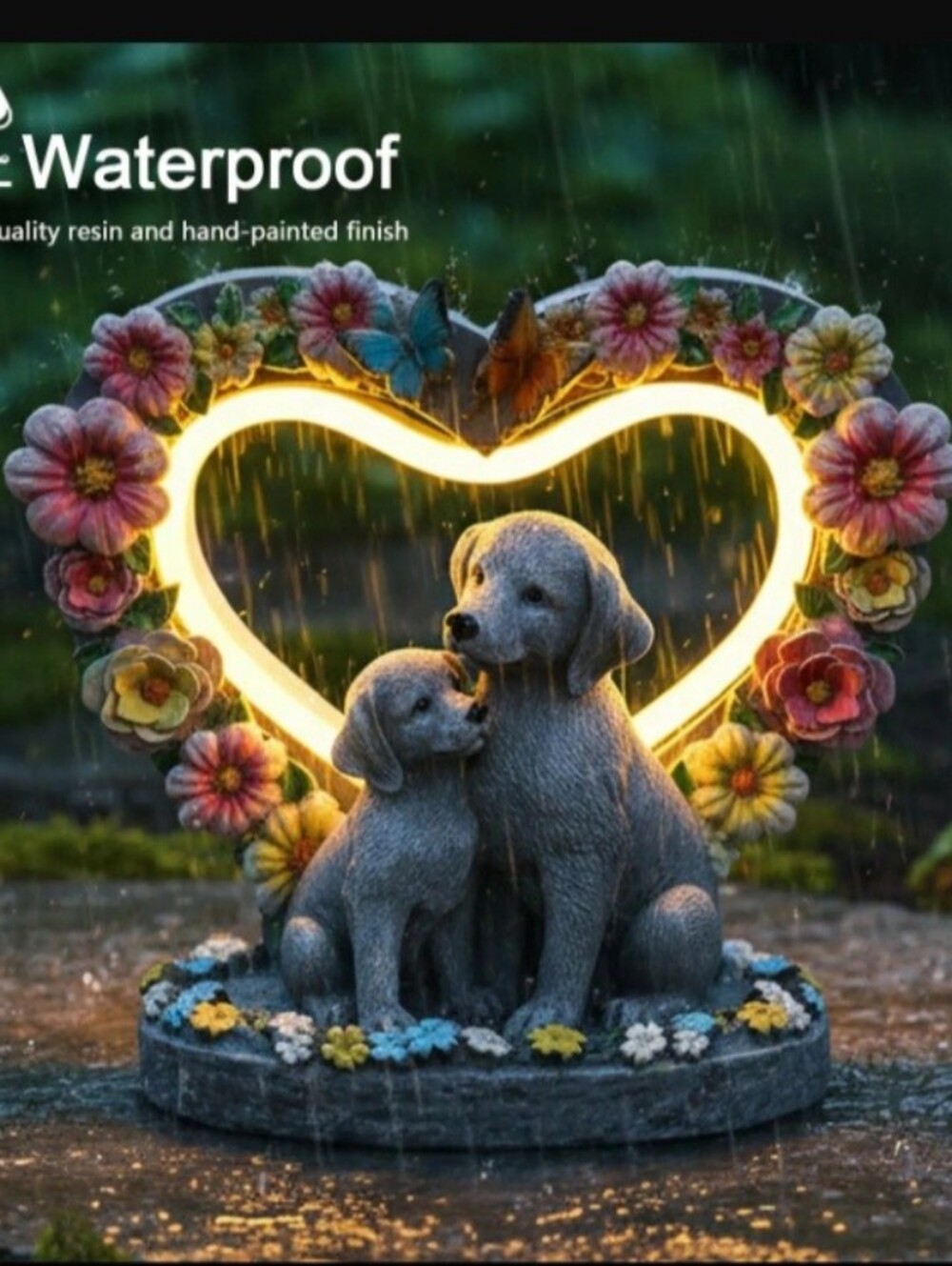 Solar Dog Garden Statue Light Heart Flowers Puppy Outdoor Memorial Decor NEW - Picture 5 of 7